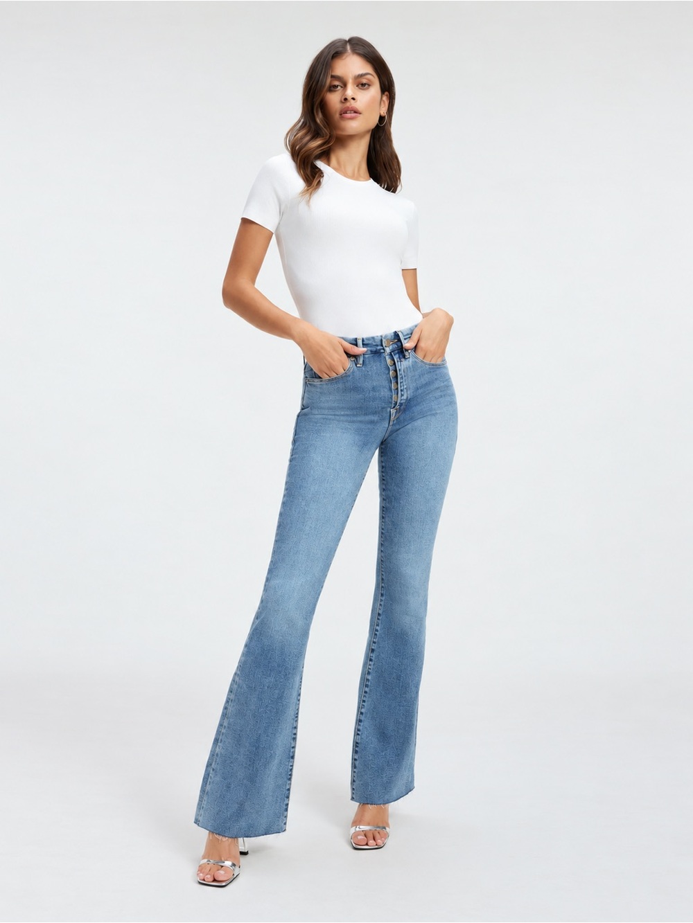 Good American Good Flare High Rise Raw Hem Stretch Jeans Blue381 6/28 NWOT
